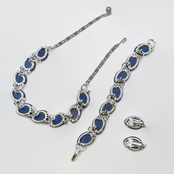 Lisner Parure, Thermoset, Blue, Necklace, Bracelet, Earring, Signed, Set,Silver - Picture 4 of 6